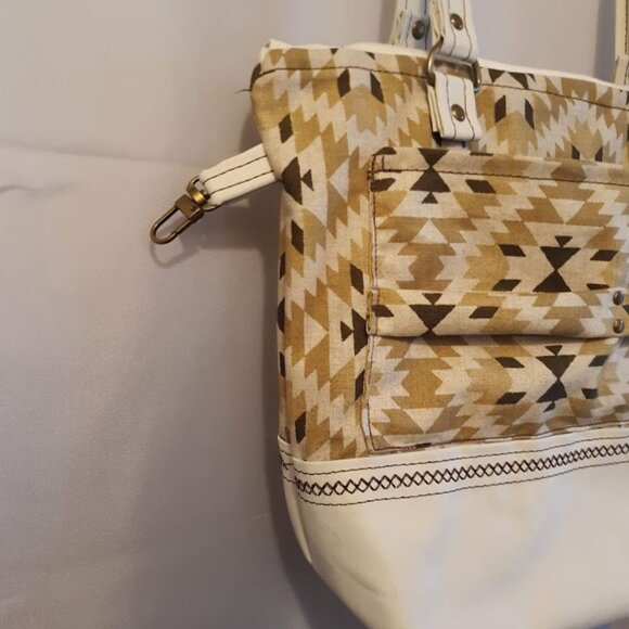 New Southwestern Geometric Vinyl Double handle Satchel Purse Ivory Mustard Brow - Picture 4 of 11